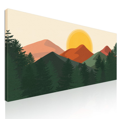 Quadro Boho Chic Illustrazione Paesaggio Montagne Arancioni Con Colline E Pini Verdi bol27 quadro stampato su tela