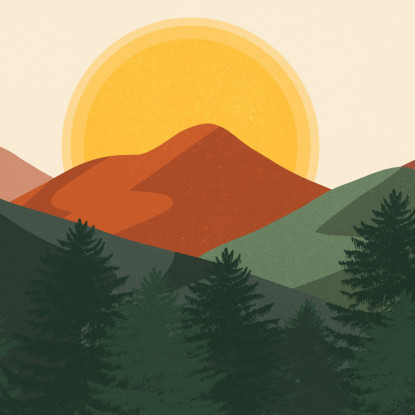 Quadro Boho Chic Illustrazione Paesaggio Montagne Arancioni Con Colline E Pini Verdi bol27 quadro stampato su tela