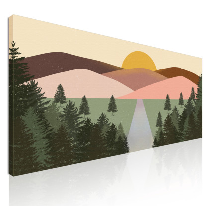 Quadro Boho Chic Illustrazione Paesaggio Paesaggio Montuoso Colorato Con Foresta E Tramonto bol28 quadro stampato su tela