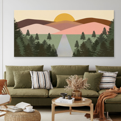 Quadro Boho Chic Illustrazione Paesaggio Paesaggio Montuoso Colorato Con Foresta E Tramonto bol28 quadro stampato su tela