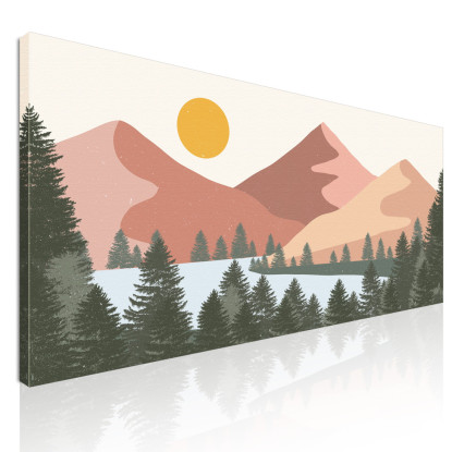 Quadro Boho Chic Illustrazione Paesaggio Paesaggio Montuoso Colorato Con Sole E Foresta Moderna bol29 quadro stampato su tela