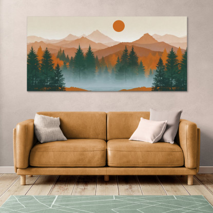 Quadro Boho Chic Illustrazione Paesaggio Tramonto Su Foresta E Montagne Con Pini E Nebbia bol38 quadro stampato su tela