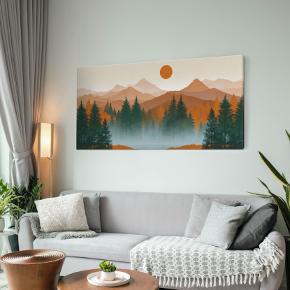 Quadro Boho Chic Illustrazione Paesaggio Tramonto Su Foresta E Montagne Con Pini E Nebbia bol38 quadro stampato su tela