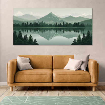 Quadro Boho Chic Illustrazione Paesaggio Riflessi Montani Su Lago Tranquillo bol39 quadro stampato su tela