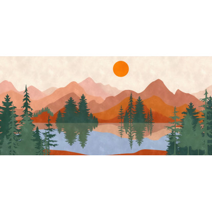 Quadro Boho Chic Illustrazione Paesaggio Tramonto Sul Lago Con Montagne E Alberi bol40 quadro stampato su tela