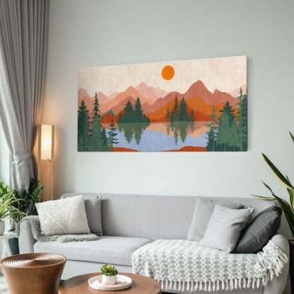 Quadro Boho Chic Illustrazione Paesaggio Tramonto Sul Lago Con Montagne E Alberi bol40 quadro stampato su tela