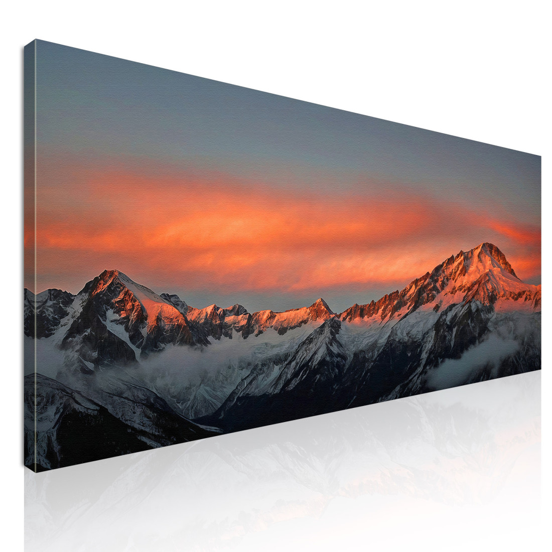 Quadro Montagne Catena Montuosa Innevata Al Tramonto Con Nuvole Arancioni Luminose mow28 quadro stampato su tela Quadro Montagne Catena Montuosa Innevata Al Tramonto Con Nuvole Arancioni Luminose mow28 quadro stampato su tela