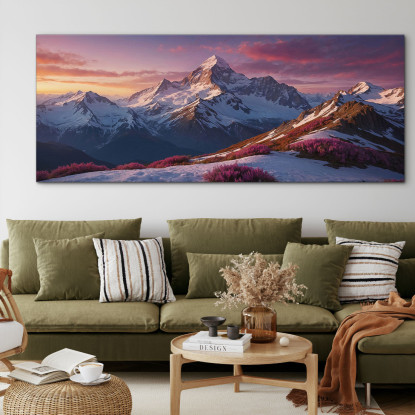 Quadro Montagne Tramonto Sulle Montagne Innevate Con Fiori Rosa mow36 quadro stampato su tela