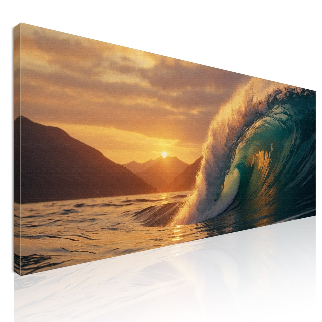 Quadro Paesaggio Mare Onda Al Tramonto Con Vista Montuosa seal17 quadro stampato su tela