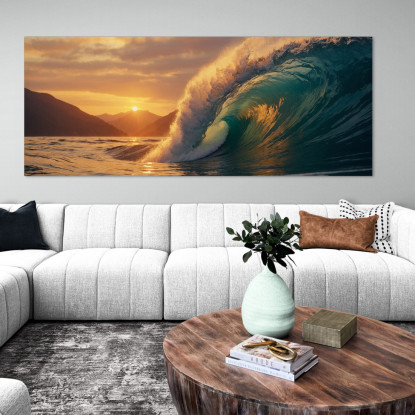 Quadro Paesaggio Mare Onda Al Tramonto Con Vista Montuosa seal17 quadro stampato su tela