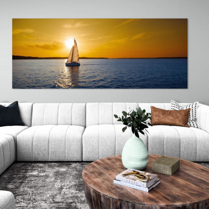 Quadro Paesaggio Mare Tramonto Dorato Con Barca A Vela In Mare seal39 quadro stampato su tela
