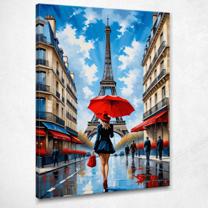 Quadro Moderno Città Astratto Donna Chic Con Ombrello Rosso Tra Le Vie Di Parigi E Vista Sulla Tour Eiffel quadro stampato su t