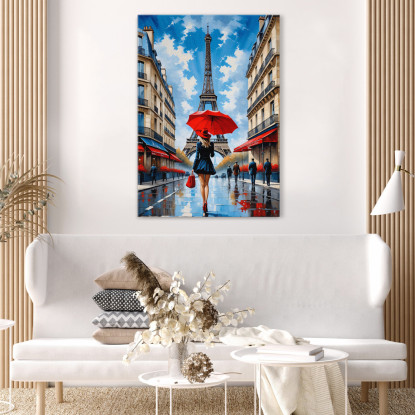 Pintura Moderna Ciudad Abstracta Mujer Elegante Con Paraguas Rojo En Las Calles De París Y Vista De La Torre Eiffel cuadro en l