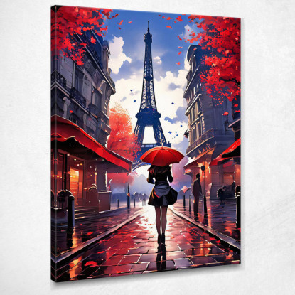 Peinture Moderne Ville Abstraite Femme Avec Parapluie Rouge Marchant À Paris Avec Vue Sur La Tour Eiffel tableau impression sur