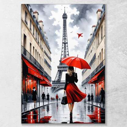 Moderne Malerei Abstrakte Stadt Elegante Frau Mit Rotem Regenschirm, Die In Paris Mit Eiffelturm Spaziert drucken auf leinwand