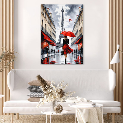 Quadro Moderno Città Astratto Elegante Donna Con Ombrello Rosso Passeggia A Parigi Con Torre Eiffel quadro stampato su tela