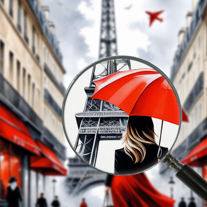Quadro Moderno Città Astratto Elegante Donna Con Ombrello Rosso Passeggia A Parigi Con Torre Eiffel quadro stampato su tela