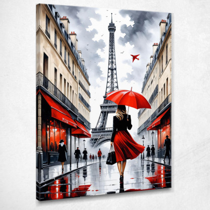 Pintura Moderna Ciudad Abstracta Mujer Elegante Con Paraguas Rojo Caminando En París Con La Torre Eiffel cuadro en lienzo