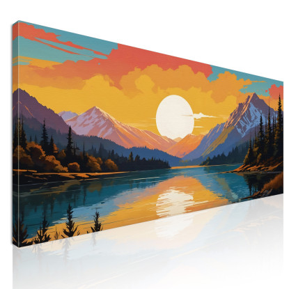 Ilustración De Paisaje De Pintura Boho Chic Montaña Cubierta De Nieve Al Atardecer Reflejada En El Lago Con Árboles cuadro en l