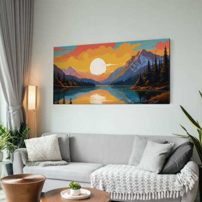 Quadro Boho Chic Illustrazione Paesaggio Montagna Innevata Al Tramonto Riflessa Nel Lago Con Alberi quadro stampato su tela