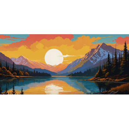 Quadro Boho Chic Illustrazione Paesaggio Montagna Innevata Al Tramonto Riflessa Nel Lago Con Alberi quadro stampato su tela