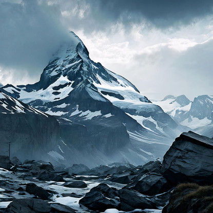 Canvas Print Mountains Snow-Capped Mountain Range With Jagged Peaks In Adverse Weather Conditions canvas print