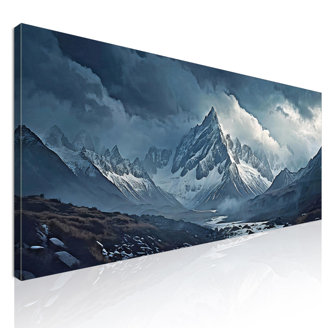 Canvas Print Mountains Snow-Capped Mountains Piercing The Mists With Jagged Peaks And Rocky Structures Under An Overcast Gray Sk Canvas Print Mountains Snow-Capped Mountains Piercing The Mists With Jagged Peaks And Rocky Structures Under An Overcast Gray Sk