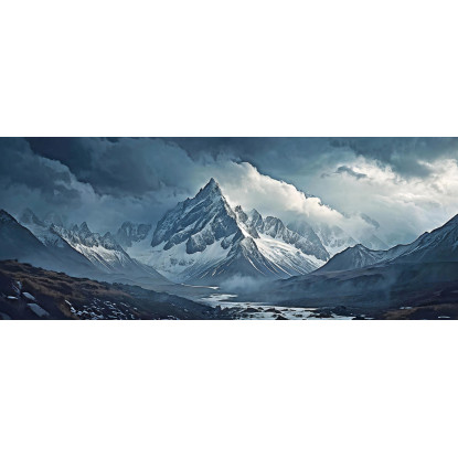 Canvas Print Mountains Snow-Capped Mountains Piercing The Mists With Jagged Peaks And Rocky Structures Under An Overcast Gray Sk