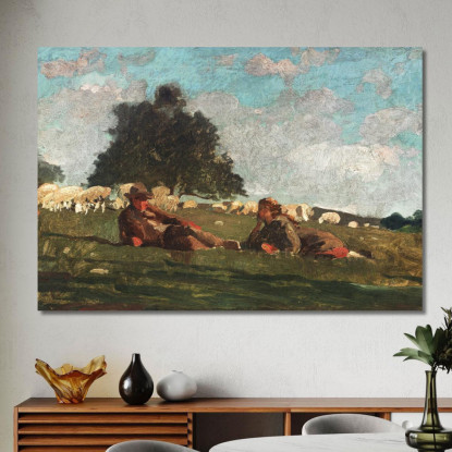 Junge Und Mädchen Auf Einem Feld Mit Schafen Winslow Homer drucken auf leinwand