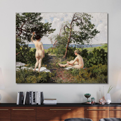 Due Ragazze Che Fanno Il Bagno In Un Boschetto Sulla Costa Di Hornbæk Paul Fischer pfs31 quadro stampato su tela