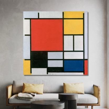 Composizione Con Grande Piano Rosso Giallo Nero Grigio E Blu Piet Mondrian pmn9 quadro stampato su tela