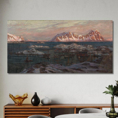 Porto Di Pescatori Con Montagne Illuminate Dal Sole. Studio Della Norvegia Settentrionale Anna Boberg abb16 quadro stampato su