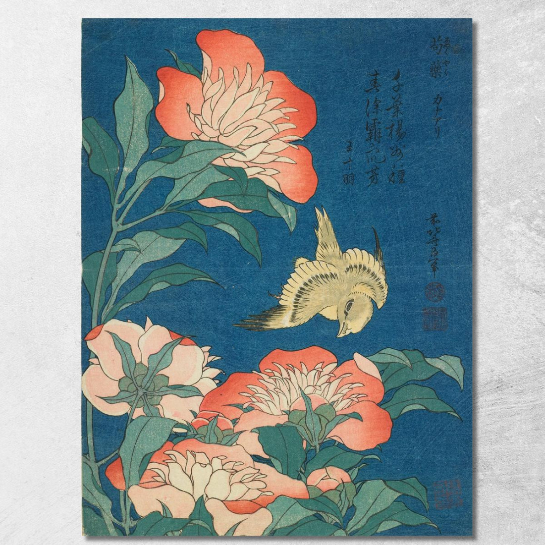 Peonie E Canarino katsushika hokusai khk46 quadro stampato su tela