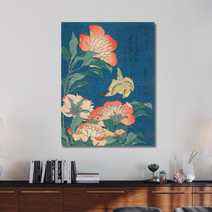 Peonie E Canarino katsushika hokusai khk46 quadro stampato su tela