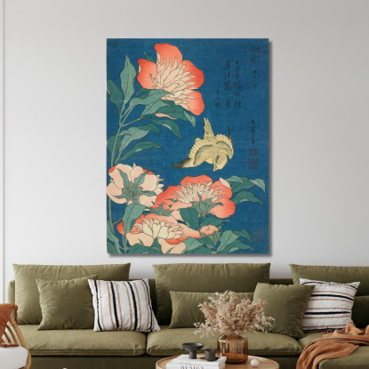 Peonie E Canarino katsushika hokusai khk46 quadro stampato su tela