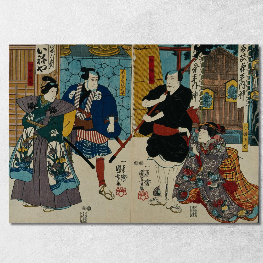 Quattro Attori In Un Santuario Due Come Servi O Inservienti Utagawa Kuniyoshi ukn10 quadro stampato su tela Quattro Attori In Un Santuario Due Come Servi O Inservienti Utagawa Kuniyoshi ukn10 quadro stampato su tela