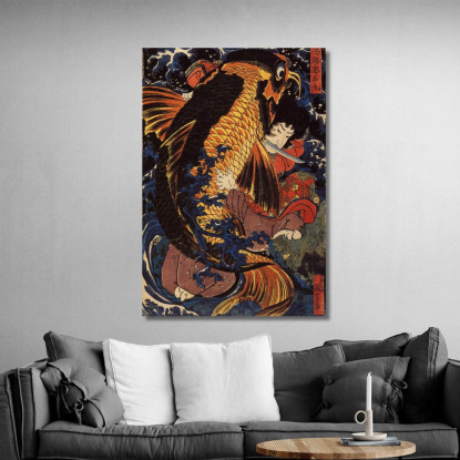 Saito Oniwakamaru Il Giovane Benkei Combatte La Carpa Gigante Alla Cascata Di Bishimon Utagawa Kuniyoshi ukn36 quadro stampato