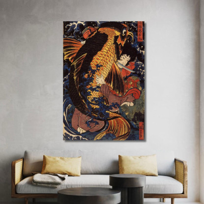 Saito Oniwakamaru Il Giovane Benkei Combatte La Carpa Gigante Alla Cascata Di Bishimon Utagawa Kuniyoshi ukn36 quadro stampato