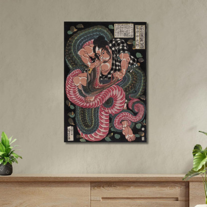 Stampa Xilografica Oban Tate-E. Saginoike Heikuro Combatte Il Serpente Gigante Al Lago Di Sayama Utagawa Kuniyoshi ukn44 quadro