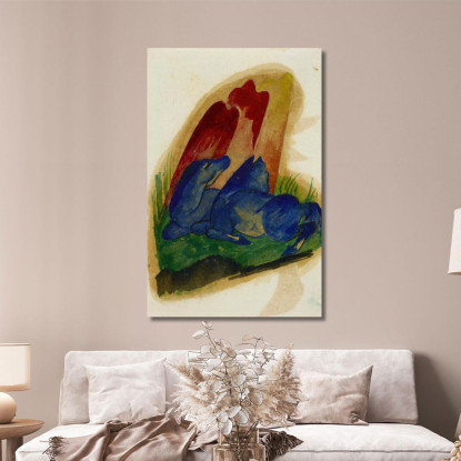 Due Cavalli Blu Davanti Ad Una Roccia Rossa Franz Marc fmr59 quadro stampato su tela
