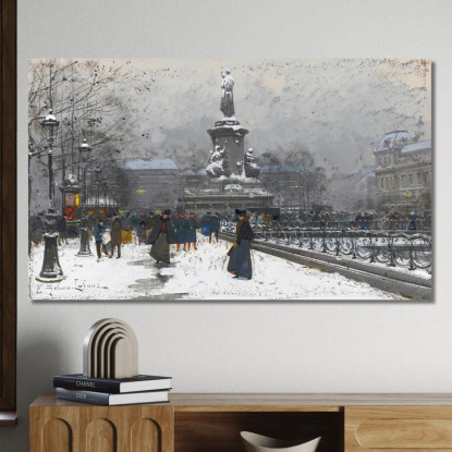 Place De La République Neige Eugène Galien-Laloue egl16 quadro stampato su tela