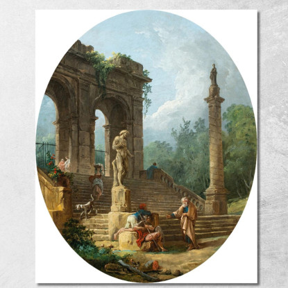 Capriccio Di Un Portico Classico E Di Una Colonna Con Figure Che Conversano Davanti A Una Statua Hubert Robert hrb2 quadro stam