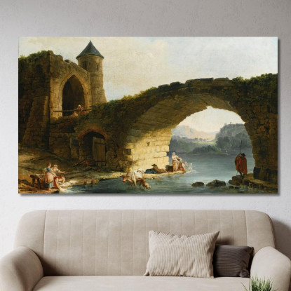 Un Paesaggio Fluviale Di Capriccio Con Lavandaie Vicino A Un Ponte In Rovina Hubert Robert hrb3 quadro stampato su tela