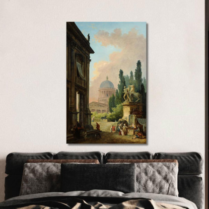 Veduta Immaginaria Di Roma Con Il Domatore Di Cavalli Del Monte Cavallo E Una Chiesa Hubert Robert hrb44 quadro stampato su tel
