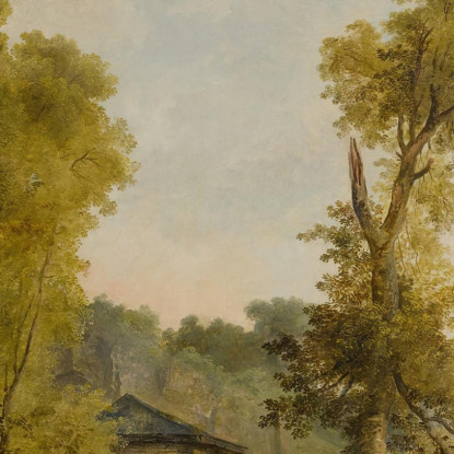 Vista Di Un Cortile Con Giardino Recintato Con Una Donna Che Dà Da Mangiare Ai Polli E Altre Figure In Primo Piano Hubert Rober