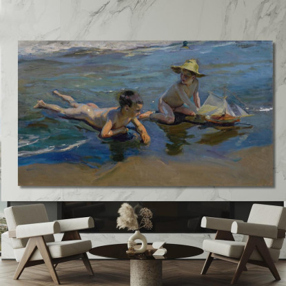 Niños En La Playa Bambini Che Giocano Sulla Spiaggia Joaquín Sorolla jsr70 quadro stampato su tela