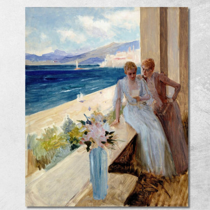 La Moglie Dell'Artista E Emilie Von Etter Sul Balcone A Cannes Albert Edelfelt aed128 quadro stampato su tela