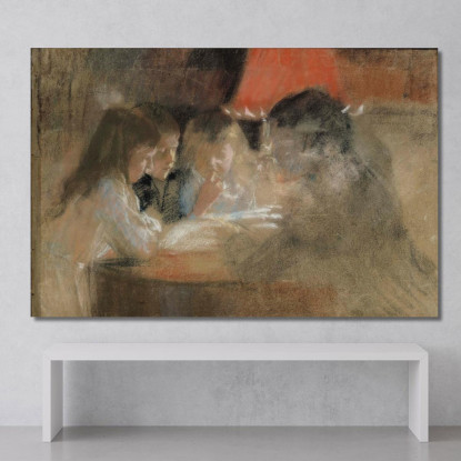 La Famiglia Brandt Bambini Alla Lampada Albert Edelfelt aed129 quadro stampato su tela
