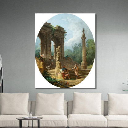 Capriccio Di Un Portico Classico E Di Una Colonna Con Figure Che Conversano Davanti A Una Statua Hubert Robert hrb2 quadro stam