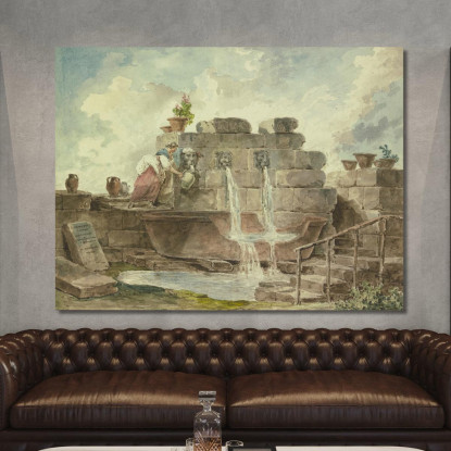 Una Fontana Romana Con Una Donna Che Raccoglie L'Acqua Hubert Robert hrb14 quadro stampato su tela